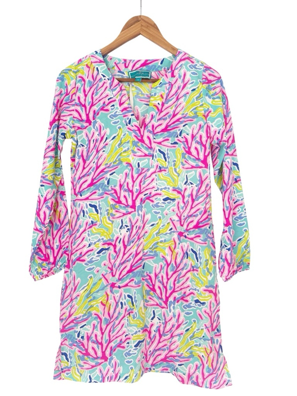Southern Frock Tropical Coral Print Long Sleeve Shift Dress Hot Neon Pink S NWT